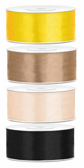 4x rollen satijnlint goud-zwart-wit-geel 2.5 cm x 25 meter - Hobby cadeaulint