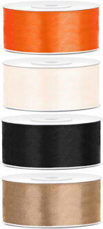 4x rollen satijnlint goud-zwart-wit-oranje 2.5 cm x 25 meter
