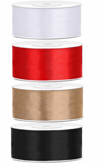 4x rollen satijnlint - rood-goud-wit-zwart - 2.5 cm x 25 meter - Hobby cadeaulint