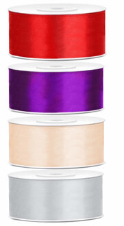 4x rollen satijnlint rood-zilver-paars-creme 2.5 cm x 25 meter - Hobby cadeaulint