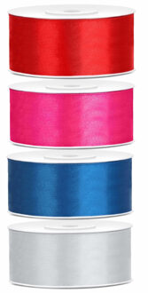 4x rollen satijnlint rood-zilver-turquoise-roze 2.5 cm x 25 meter