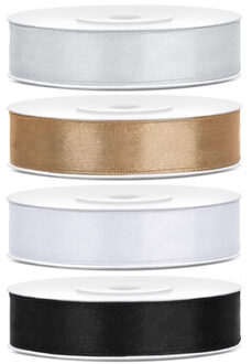 4x rollen satijnlint - zilver-goud-wit-zwart 1,2 cm x 25 meter - Hobby cadeaulint - Sierlint