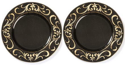 4x Ronde diner/kerstdiner borden/onderborden zwart met goud 33 cm