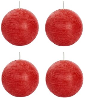 4x Ronde rustieke kaarsen rood 8 cm 24 branduren sfeerkaarsen - bolkaarsen