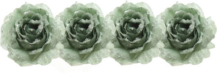 4x Salie groene decoratie bloemen rozen op clip 14 cm - Kerstversiering/woondeco/knutsel/hobby bloemetjes/roosjes