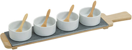 4x Snackschaaltjes/sausschaaltjes wit porselein rond 7 cm op serveerplank - Snack en tapasschalen