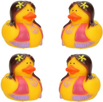 4x stuks badeendje flower power hippie geel met roze/paars vestje 5 cm