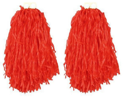 4x Stuks cheerball/pompom met ringgreep - rood - 28 cm - Cheerleader verkleed accessoires