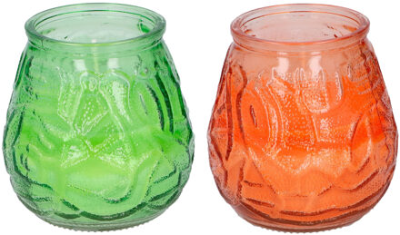 4x Stuks Citronella Lowboy Tafelkaarsen 10 Cm Oranje En Groen Glas - Geurkaarsen Multikleur