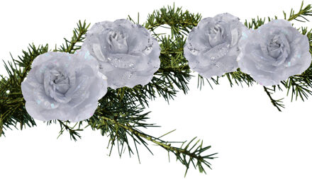 4x stuks decoratie bloemen rozen zilver op clip 9 cm - Kunstbloemen Zilverkleurig