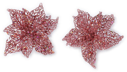 4x stuks decoratie kerststerren bloemen roze glitter op clip 18 cm - Kunstbloemen
