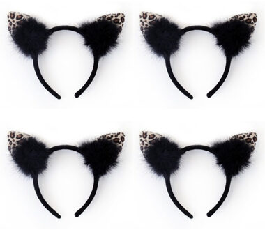 4x stuks diadeem met luipaard/katten oortjes - zwart- meisjes/dames - carnaval verkleed oren