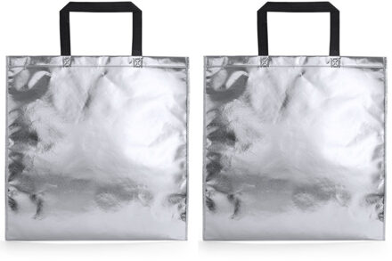4x stuks draagtassen/schoudertassen in opvallende metallic zilveren kleur 45 x 44 x cm
