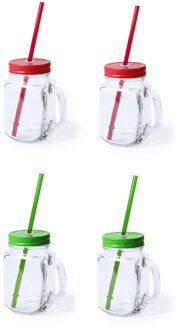 4x stuks drink potjes van glas Mason Jar groen/rood 500 ml - Drinkbekers