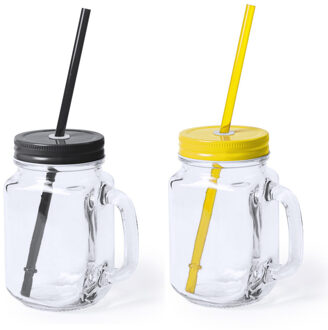 4x stuks drink potjes van glas Mason Jar zwart/geel 500 ml - Drinkbekers