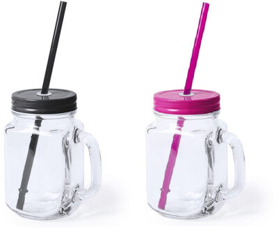 4x stuks drink potjes van glas Mason Jar zwart/roze 500 ml - Drinkbekers