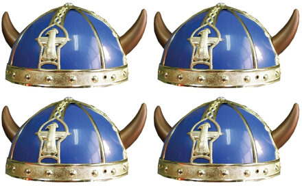 4x stuks gallier/Vikingen verkleed helm blauw met hoorns