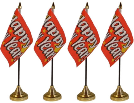 4x stuks gelukkig Nieuwjaar/happy New Year tafelvlaggetjes 10 x 15 cm met standaard