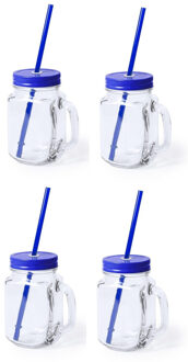 4x stuks Glazen Mason Jar drinkbekers blauwe dop en rietje 500 ml - afsluitbaar/niet lekken/fruit shakes