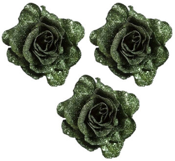 4x stuks groene rozen met glitters op clip 10 cm - kerstversiering