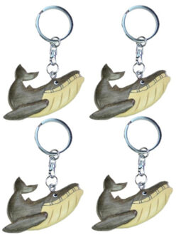 4x stuks houten bultrug walvis sleutelhanger - Action products