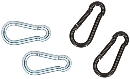 4x stuks karabijnhaak / karabijnhaken verzinkt staal - 8 cm - 2x zwart en 2x zilver - snaphooks/ carabiners