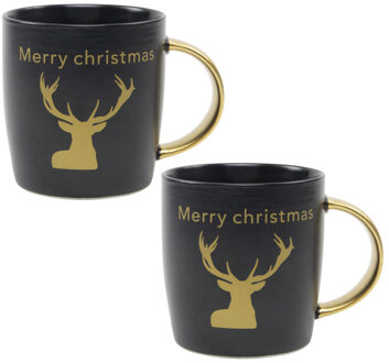 4x stuks kerst thema mokken/bekers zwart/goud Merry Christmas 350 ml