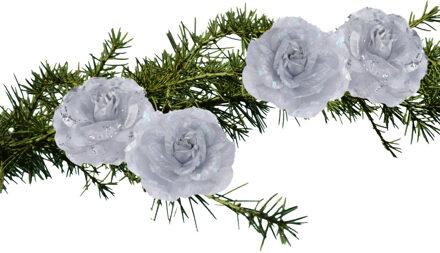 4x stuks kerstboom decoratie bloemen rozen zilver op clip 9 cm - Kersthangers Zilverkleurig
