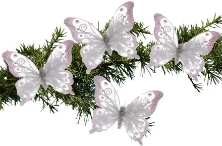 4x stuks kerstboom decoratie vlinders op clip glitter wit 15,5 cm - Kersthangers