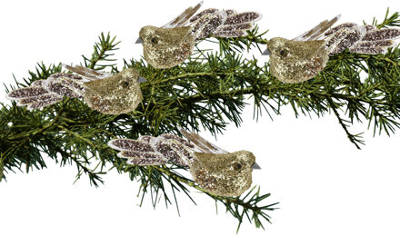 4x stuks kunststof decoratie vogels op clip goud met pailletten 15 cm - Kersthangers Goudkleurig