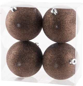 4x stuks kunststof glitter kerstballen donkerbruin 10 cm - Kerstbal
