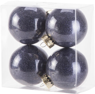 4x stuks kunststof kerstballen met glitter afwerking donkerblauw 8 cm - Kerstbal