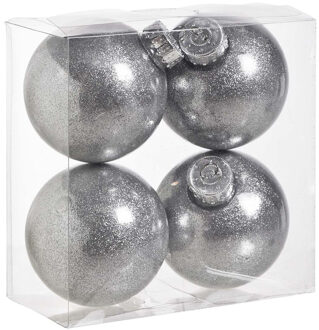 4x stuks kunststof kerstballen met glitter afwerking zilver 8 cm - Kerstbal Zilverkleurig