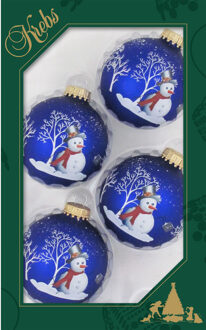 4x stuks luxe glazen kerstballen 7 cm blauw met sneeuwpop - Kerstbal