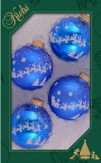 4x stuks luxe glazen kerstballen 7 cm blauw met witte slee