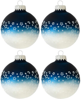 4x stuks luxe glazen kerstballen 7 cm blauw/wit met sterren