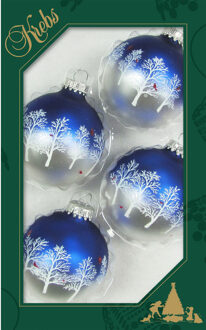 4x stuks luxe glazen kerstballen 7 cm blauw/zilver met bomen - Kerstbal