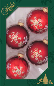 4x stuks luxe glazen kerstballen 7 cm rood met sneeuwvlok