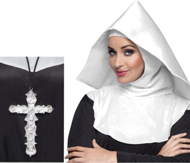 4x stuks nonnen carnaval verkleed setje van hoofdkap kraag en zilveren kruis aan ketting