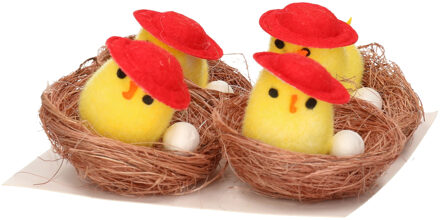 4x stuks paaskuikens in mand - rood hoedje - 4 cm