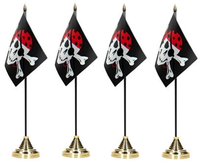 4x stuks Piratenvlag tafelvlaggetje op voetje One Eyed Jack - polyester - thema piraat