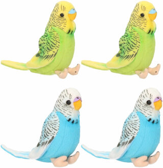 4x stuks pluche knuffel parkieten setje vogels blauw en groen 11 cm - Tropische deco vogels - Knuffels - 2x stuks per kleur