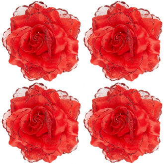 4x stuks rode roos haarbloem met glitters
