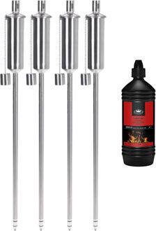 4x stuks Tuinfakkels RVS 115 cm inclusief 1 liter lampenolie/fakkelolie
