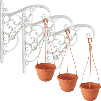 4x Stuks witte Akant sierlijke bloempothangers/bloempot haak met hangende bloempot terracotta 2 liter - Tuindecoratie