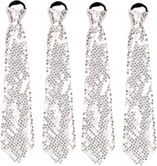 4x stuks zilveren pailletten stropdas 32 cm