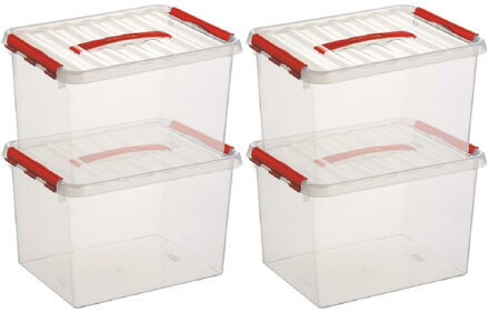 4x Sunware Q-Line opberg boxen/opbergdozen 22 liter 40 x 30 x 26 cm kunststof - opslagbox - Opbergbak kunststof transparant/rood