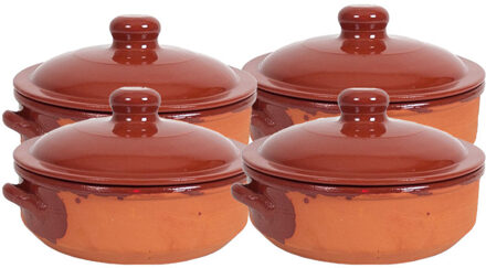 4x Terracotta braadpannen/ovenschalen klein met deksel 24 cm - Braadpannen Bruin