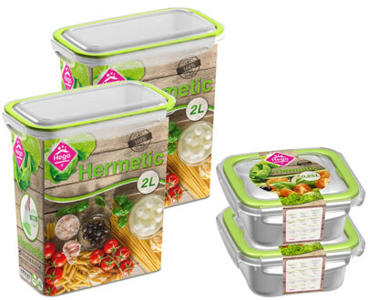 4x Voedsel plastic bewaarbakjes 0,25 en 2 liter transparant/groen - Vershoudbakjes