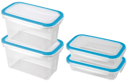 4x Voedsel plastic bewaarbakjes 0,5 en 1,2 liter transparant/blauw - Vershoudbakjes